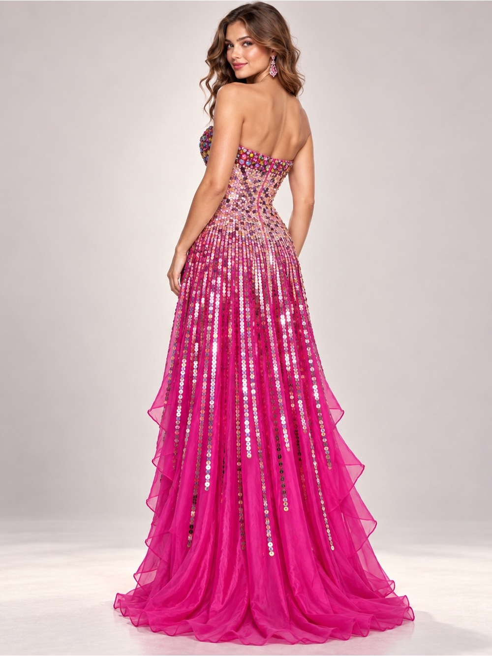 Sherri Hill Fuchsia Strapless Sequin High-Low Gown - Picture 2 of 9